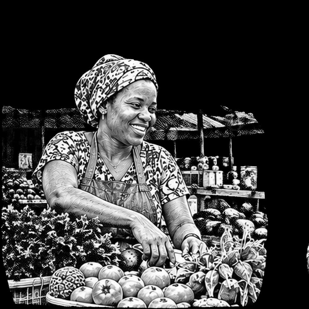 Illustration of a market vendor handing produce to a customer