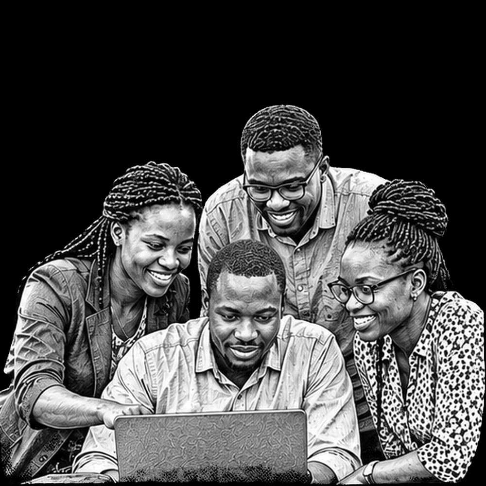 Illustration of four colleagues gathered around a laptop