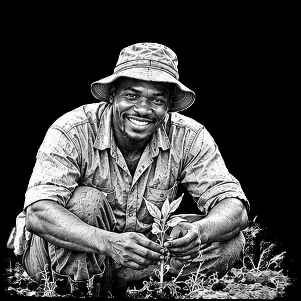 Illustration of a farmer in a hat crouching among crops